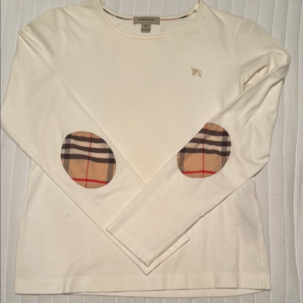 Burberry Cream Long Sleeve Top with Plaid Elbow Patches